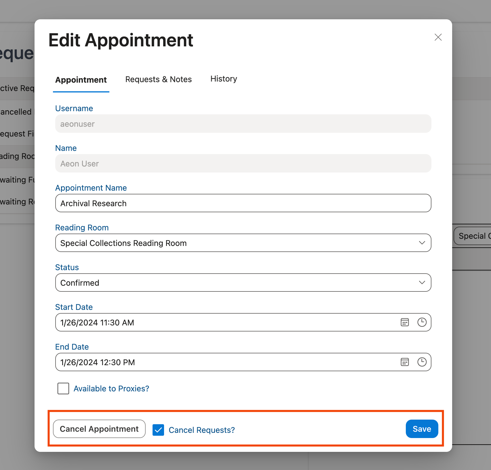 Appointment form with footer options highlighted